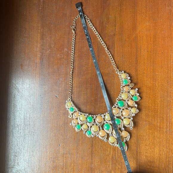 Gold Tone Bib Necklace with Yellow and Green Faux Stones - Picture 2 of 3